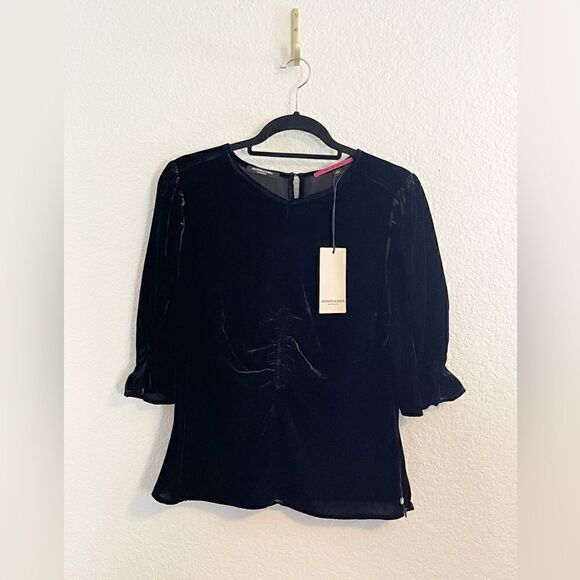 Scotch & Soda Ruched puff-sleeved velvet black top size L. NWT - Picture 3 of 13